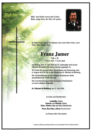 Jamer Franz † 31.07.2026 (73 Jahre)